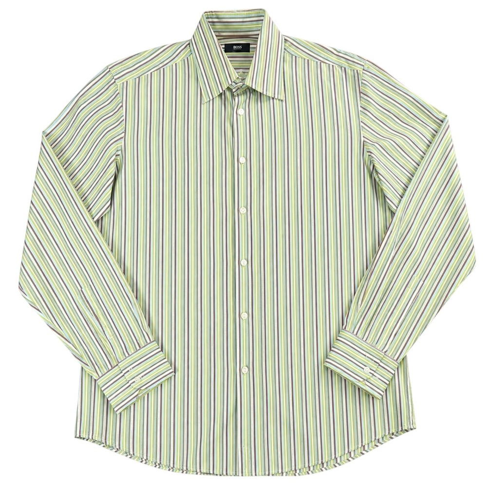 BOSS Hugo Boss Mens Striped Button Down Shirt Green Blue Brown 17 34/35
